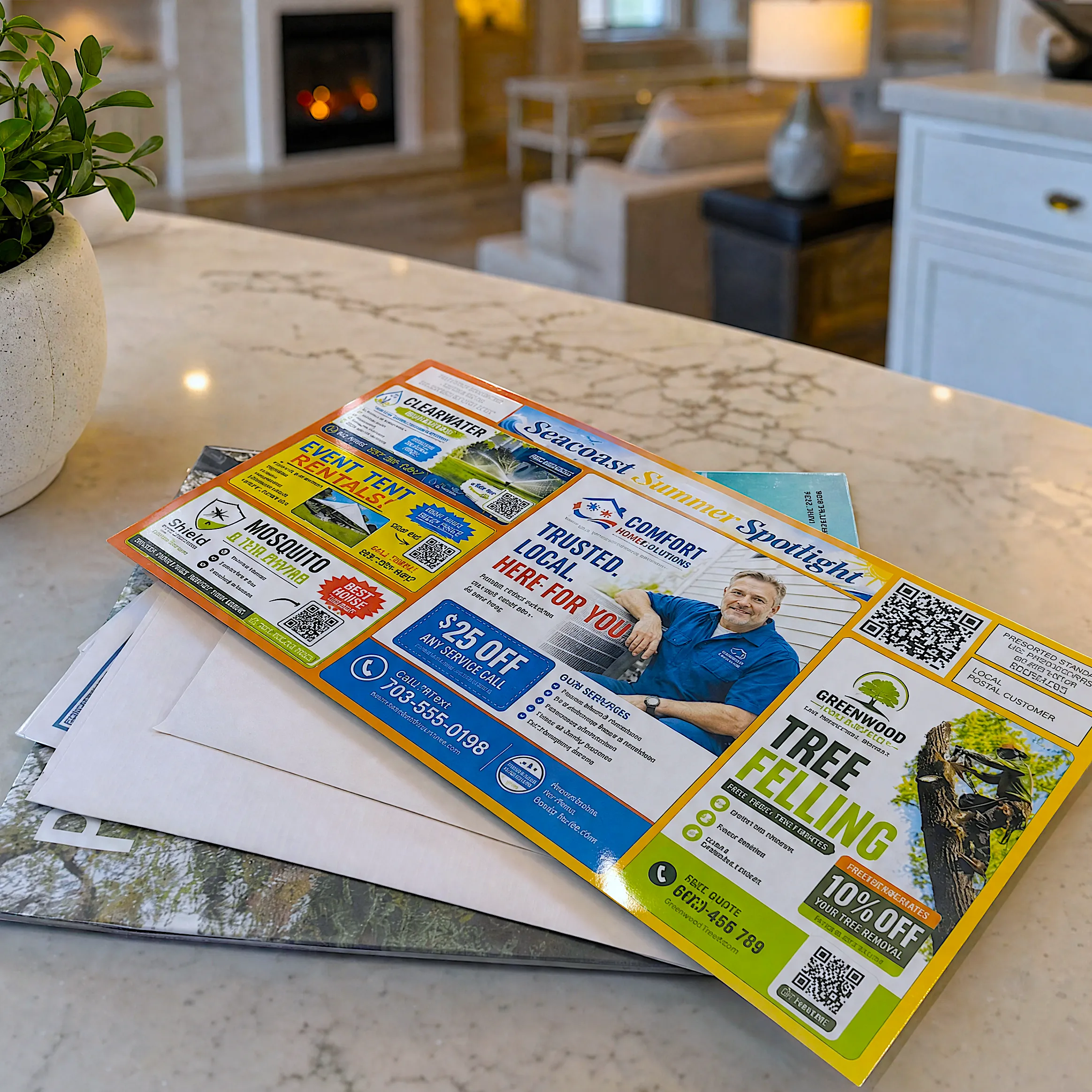 The Seacoast Summer Spotlight postcard on a kitchen counter with other mail