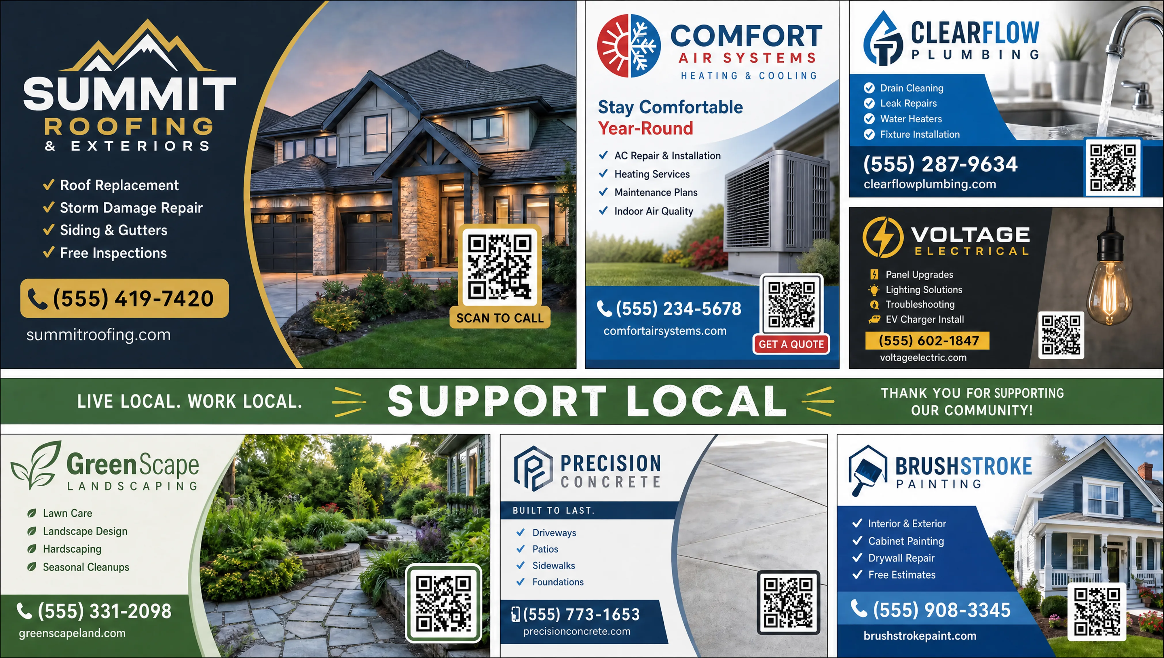 Front of the postcard showing seven local businesses on a shared mailer with the Support Local middle banner