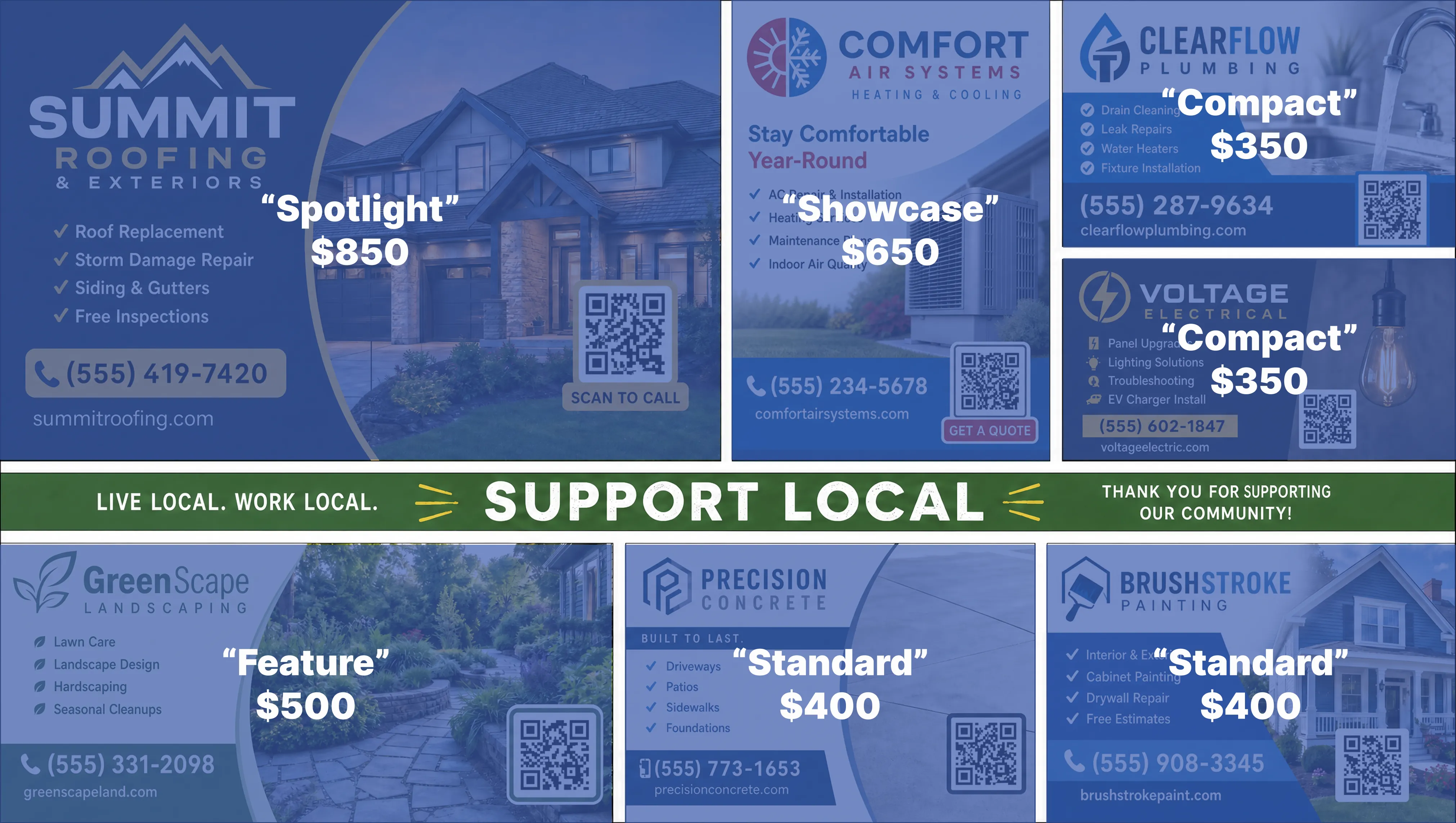 Pricing breakdown for each ad slot on the front of the postcard