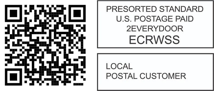 Postage indicia and QR code area